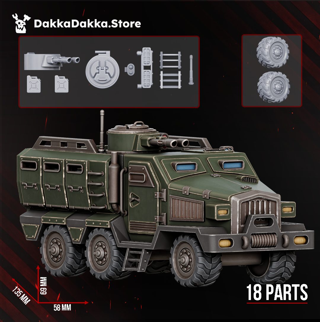 Dinofelis WTV D8 painted resin miniature, front three-quarter view showing cab, turret, and six off-road wheels