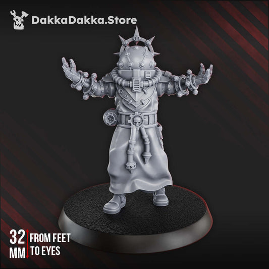 Sci-Fi Machine Cult Shock Priest miniature with electro-conductors, 32mm from feet to eyes.