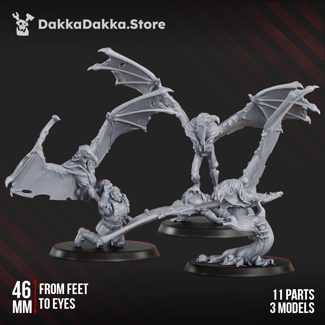 Diseased Sporehawks Squad resin miniatures, three winged daemon creatures with scenic bases