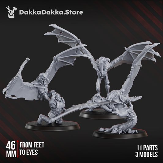 Diseased Sporehawks Squad resin miniatures, three winged daemon creatures with scenic bases