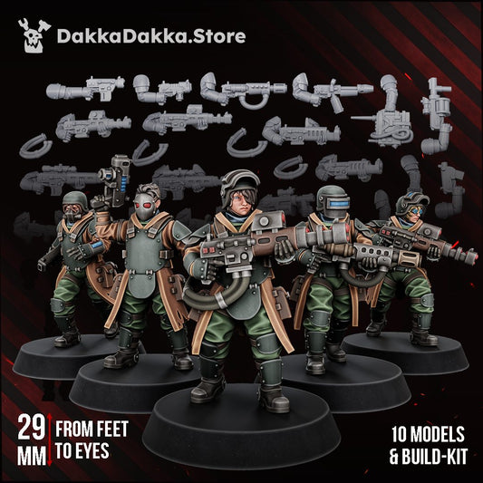 The Alcat Rats Heavy Infantry build kit, five painted resin troopers displayed with grey weapon sprue parts above, 29mm scale