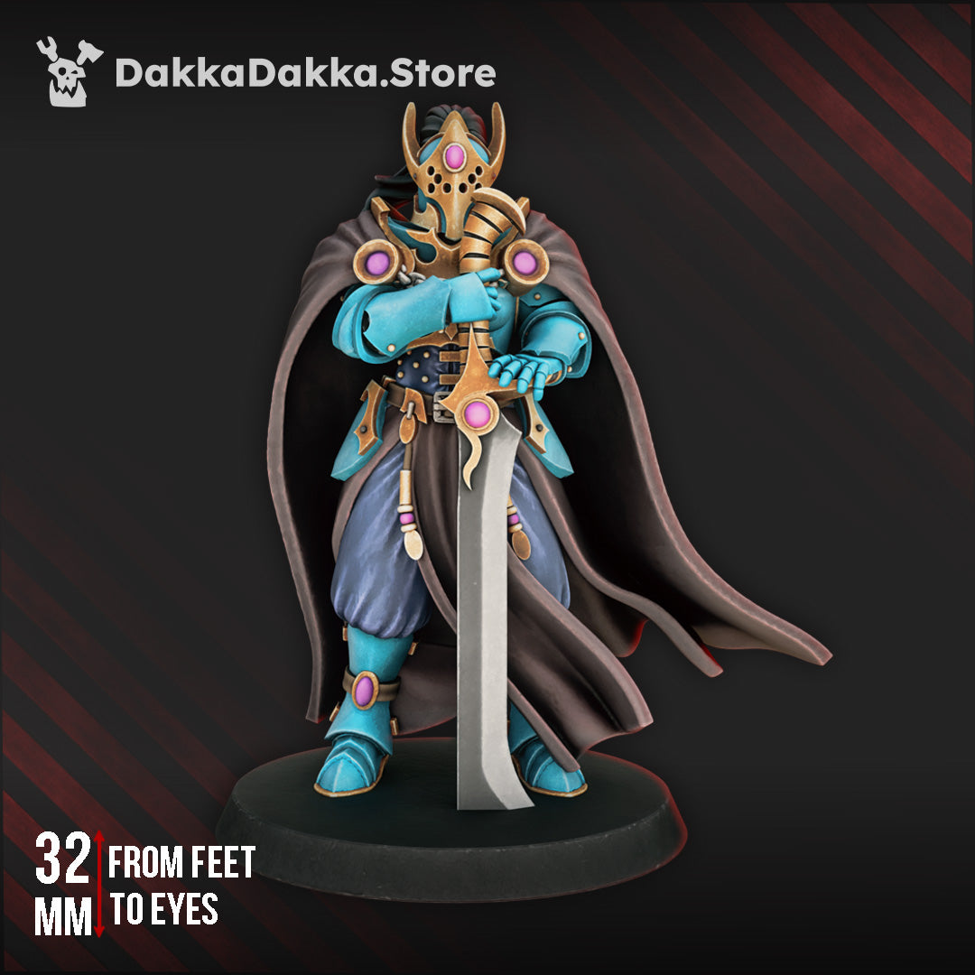 Khadessa Varn sci-fi chaos cult female miniature, 32 mm tall, wielding a massive blade, designed for tabletop wargames.