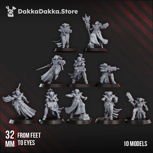 Maidens of Vengeance sci-fi wargaming miniatures by DakkaDakka, set of 10 models in grey resin on bases.