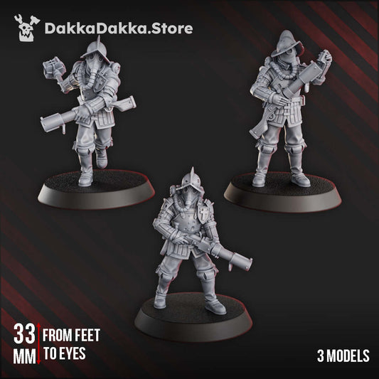 Conquistador Bombers miniatures by DakkaDakka, 33mm high, grey ABS-like resin, ideal for trench-themed wargames and gothic horror.