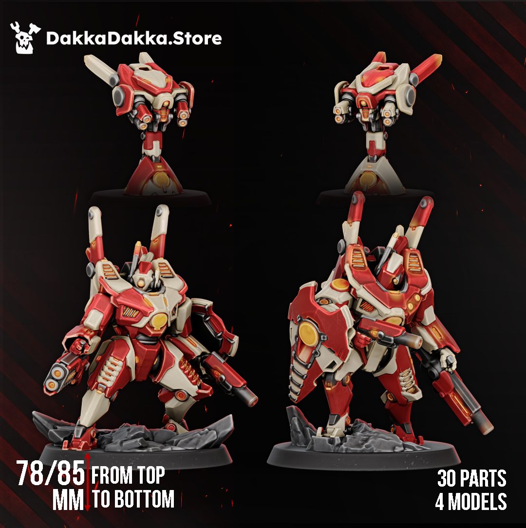 Alpha & Hadar Synchrosquad resin miniatures, four poses shown front and rear with drone companions, 78mm scale