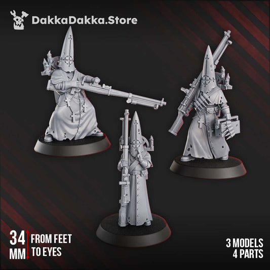 Novitiate miniatures, 34mm tall, made of grey ABS-like resin for Gothic horror wargames, 3 models with 4 parts included.