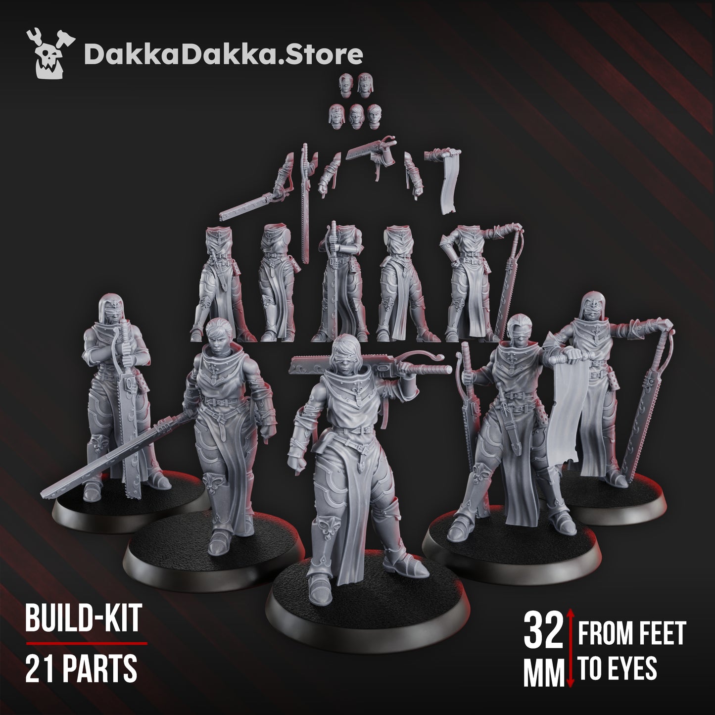 Sisterhood of Battle Poenitentiam Battle Sisters Squad 5 blindfolded penitent warrior miniatures 32mm build kit by DakkaDakka with chainswords and interchangeable heads