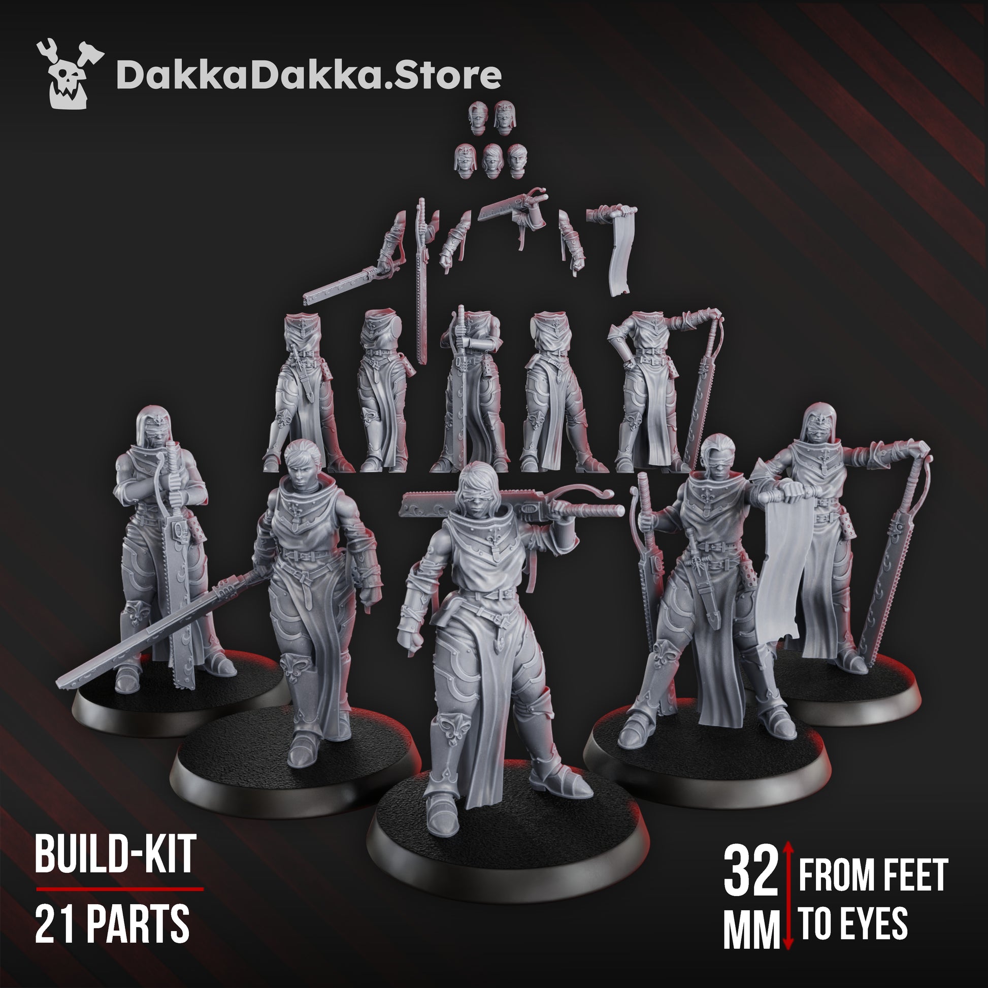 Sisterhood of Battle Poenitentiam Battle Sisters Squad 5 blindfolded penitent warrior miniatures 32mm build kit by DakkaDakka with chainswords and interchangeable heads