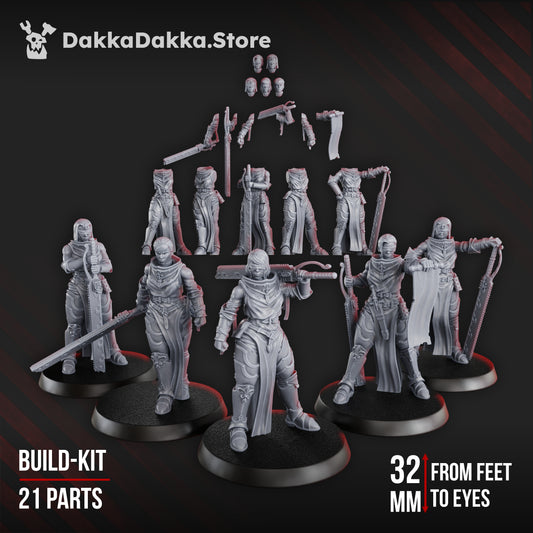 Sisterhood of Battle Poenitentiam Battle Sisters Squad 5 blindfolded penitent warrior miniatures 32mm build kit by DakkaDakka with chainswords and interchangeable heads