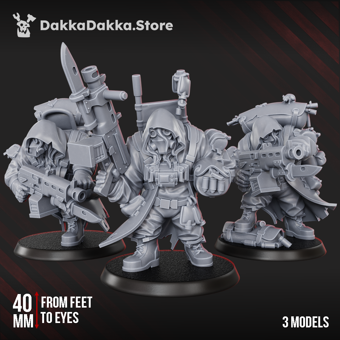 Gang member miniatures - Alcat Mules Squad of 3 hooded underhive carrier figures armed with rifles and bayonets, 40mm resin sculpts by DakkaDakka