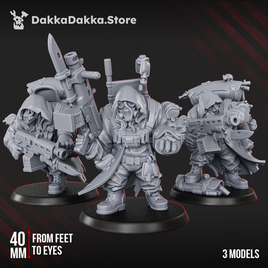 Gang member miniatures - Alcat Mules Squad of 3 hooded underhive carrier figures armed with rifles and bayonets, 40mm resin sculpts by DakkaDakka