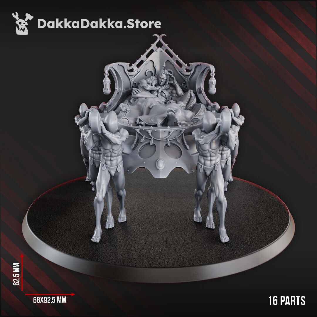 Blasphemous Procession 28mm miniature with regal figure on baroque palanquin and faceless thralls, perfect for dark fantasy gaming.