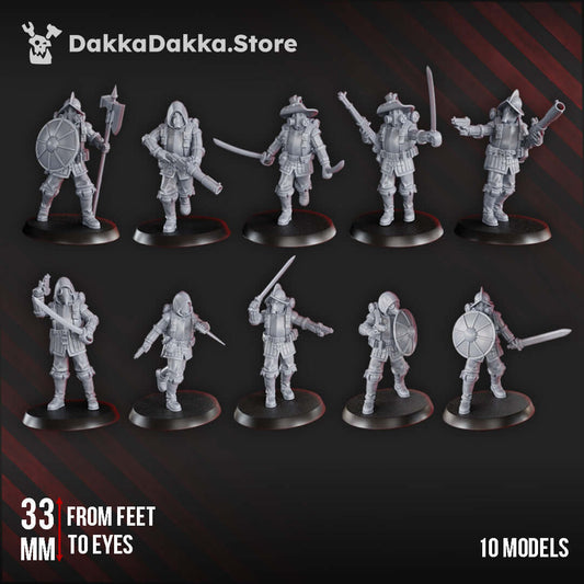 Conquistadors miniatures by DakkaDakka, 10 models, 33mm tall, perfect for gothic horror and trench-themed wargames.