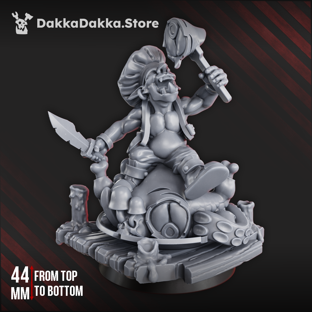 Gobbo Feast Miniature goblin diorama of a gobbo eating a squig creature while standing on a wooden platform, fantasy character model with detailed base