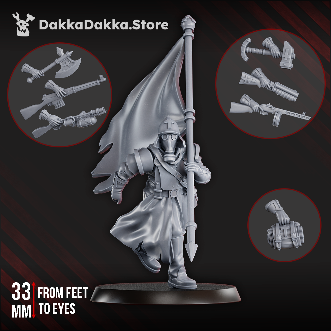 Steel Union standard bearer miniature holding a banner and wearing trench armour with weapon options including axe, rifle, and sidearm