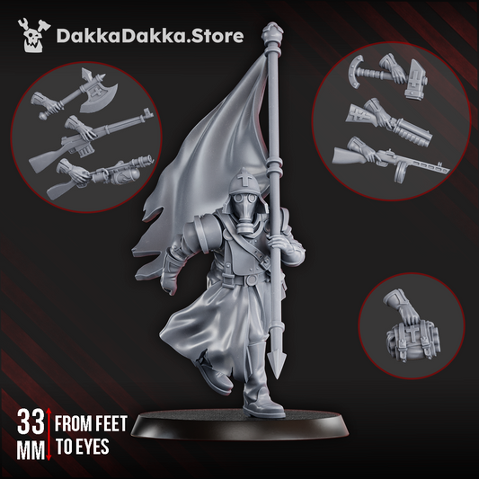 Steel Union standard bearer miniature holding a banner and wearing trench armour with weapon options including axe, rifle, and sidearm