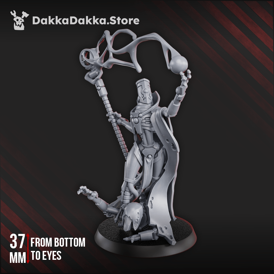 Necrotek Iron Queen standing over broken construct with energy staff