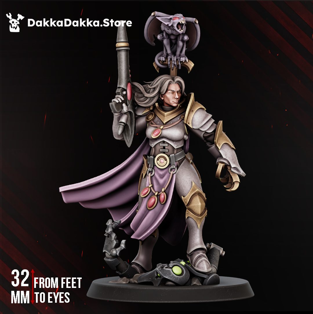 Agentess Vritra Draco 32mm resin miniature, front view showing armour, lavender cloak, raised lance and gargoyle familiar