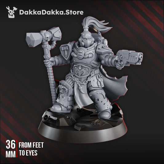 Ignisaurus Agadrax The Forgefire miniature, 36mm tall, in sci-fi armor holding a hammer and gun on a custom base.