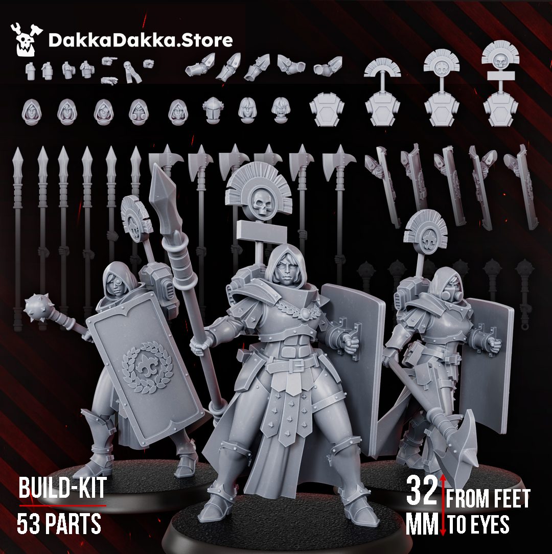 Legio Artemis Eruptrix Squad build kit showing three assembled resin miniatures with spears, shields and banner, 32mm scale