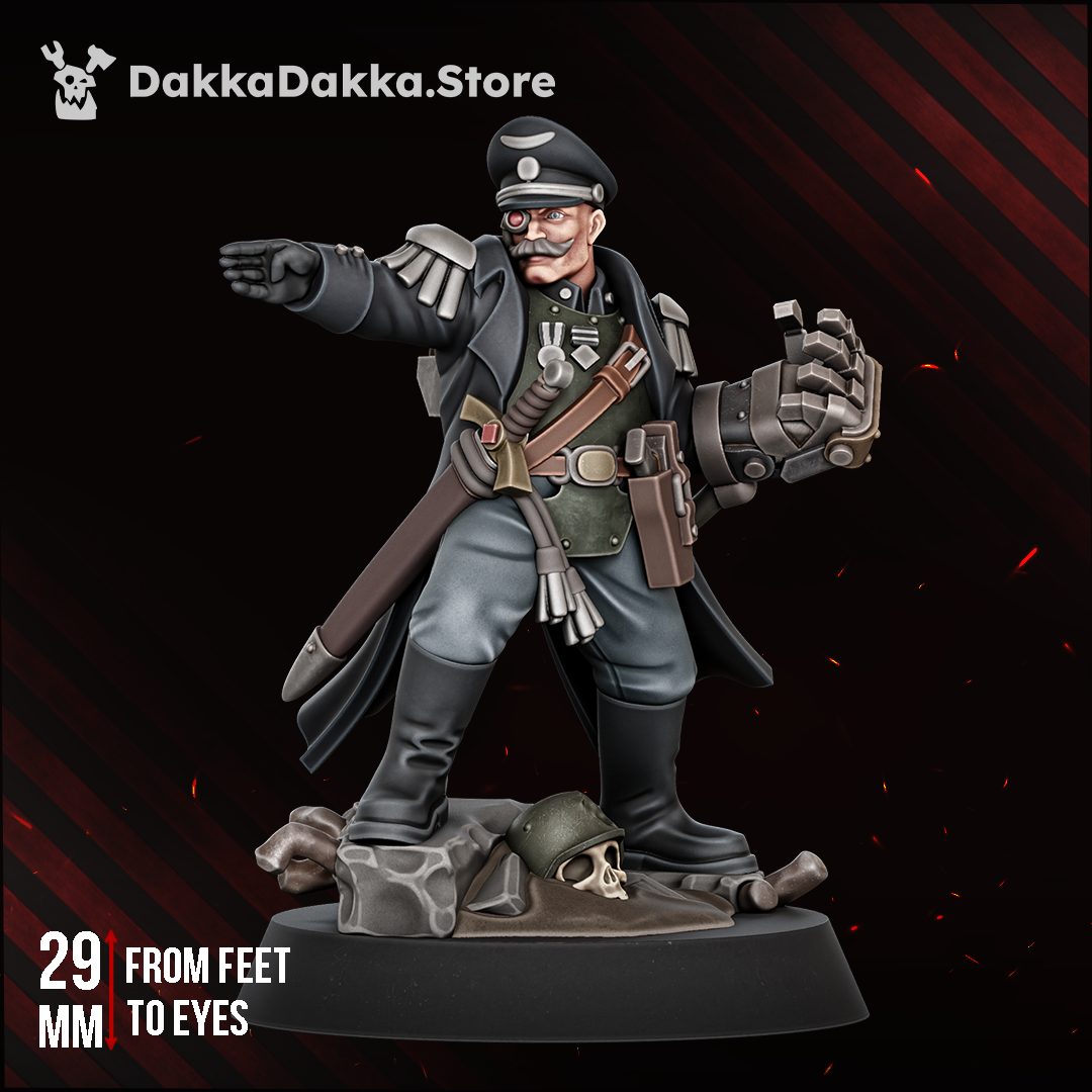 Kommandant C. Kroenenger resin miniature, front view showing greatcoat, medals, power fist, and commanding gesture, 29mm scale