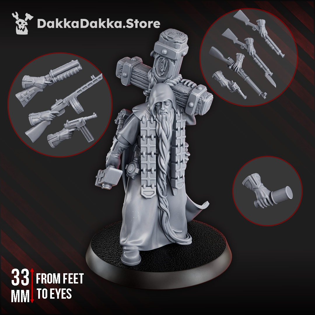 Schemonk Avvakum miniature, 33 mm tall, robed monk carrying a large cross on his back, armed with interchangeable rifles, pistols, and blades, standing on a round base.