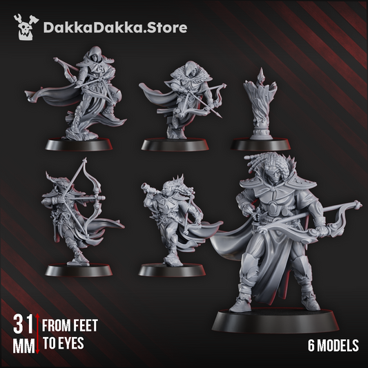 Gothic Sci-Fi Space Elf Warriors - Spacelair Range Squad models, 31mm tall, showcasing 6 detailed figures ready for gaming.