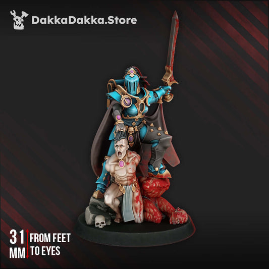 Sci-Fi Chaos Cult female miniature High Gomorrah Haseki, wielding a sword atop a fallen foe.