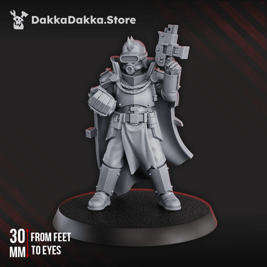 Maverick Cultists Commander miniature in grey resin, designed for sci-fi wargaming at 30mm scale from feet to eyes.