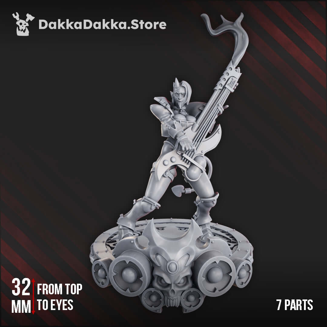 Ozzy Hellbringer female chaos musician miniature with guitar-weapon, 32mm scale model.
