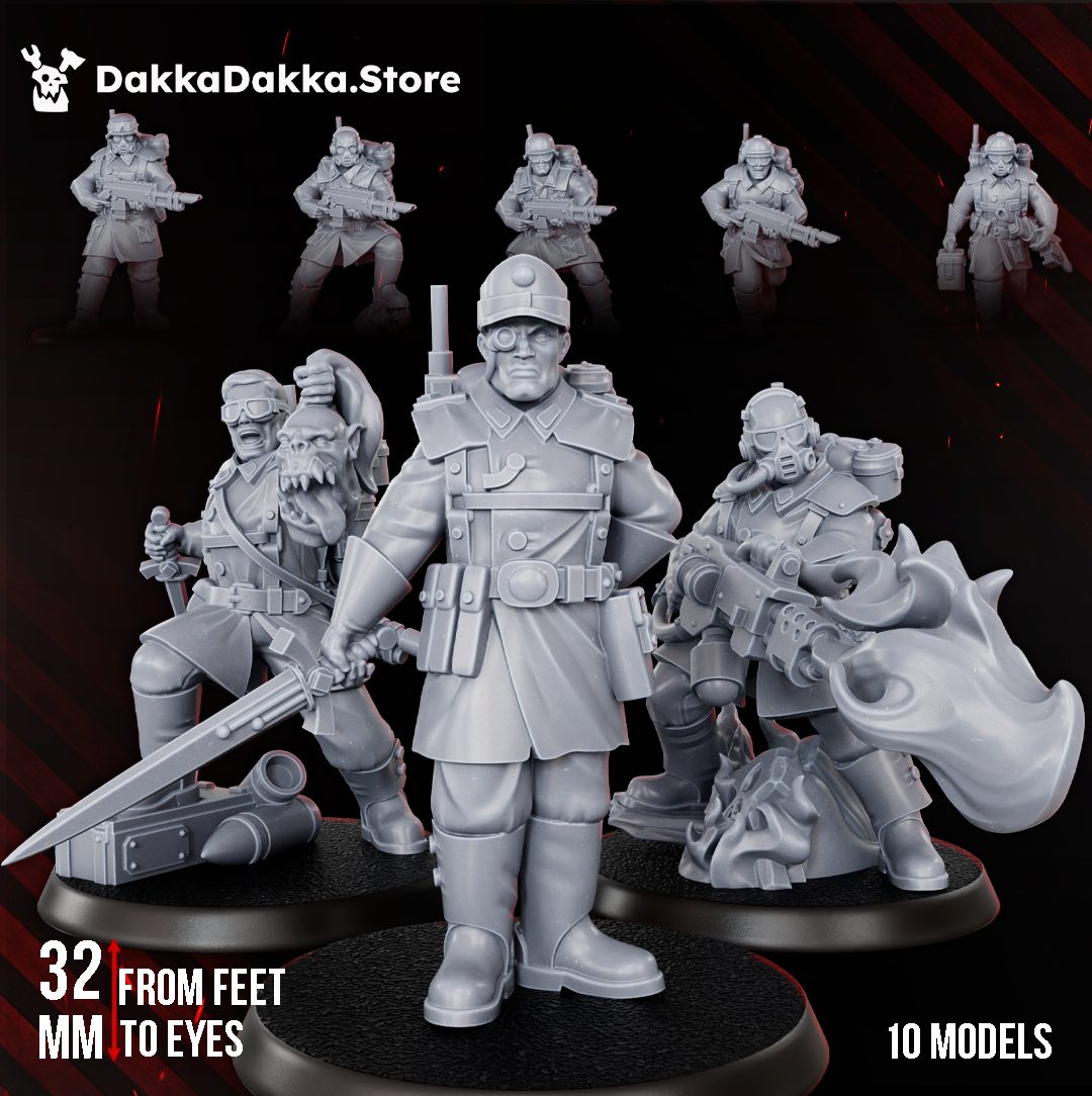 The Doomsday Infantry Squad x10 resin miniatures group shot showing sergeant, flamethrower trooper and specialist models, 32mm scale