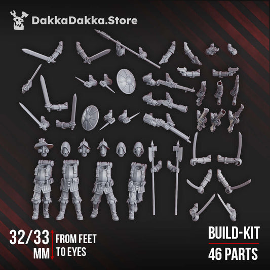 Conquistadors build kit with 46 parts, 32/33mm miniatures for trench-themed wargames and gothic horror battles.