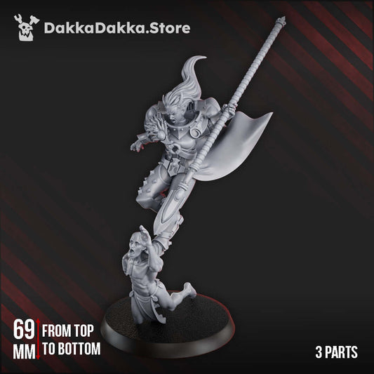 Female Chaos Cult Hero Elza miniature in 3 parts, showcasing intricate design and dynamic pose, 69mm tall.