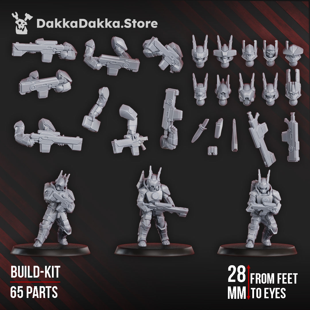 Sci-Fi Fire Squad Miniatures, 65 parts build kit with customizable sci-fi soldiers and advanced weaponry.