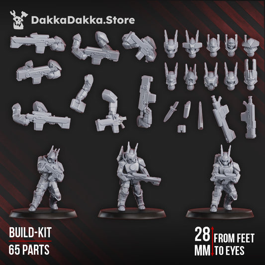 Sci-Fi Fire Squad Miniatures, 65 parts build kit with customizable sci-fi soldiers and advanced weaponry.