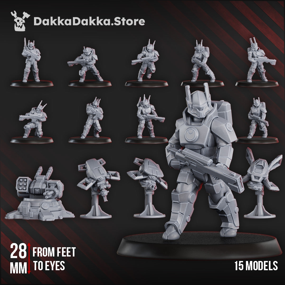 Sci-Fi Fire Squad Miniatures featuring 15 models, including soldiers, drones, and an automated turret, measuring 28mm.