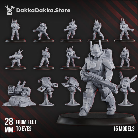 Sci-Fi Fire Squad Miniatures featuring 15 models, including soldiers, drones, and an automated turret, measuring 28mm.
