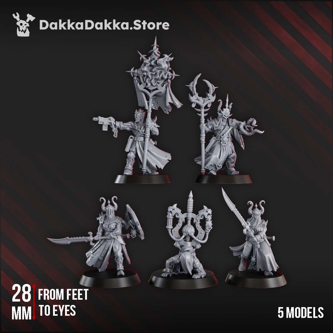K.I.N.K. Castle Executants Squad Two: five sci-fi miniatures on 28mm bases, crafted from durable grey ABS-like resin.