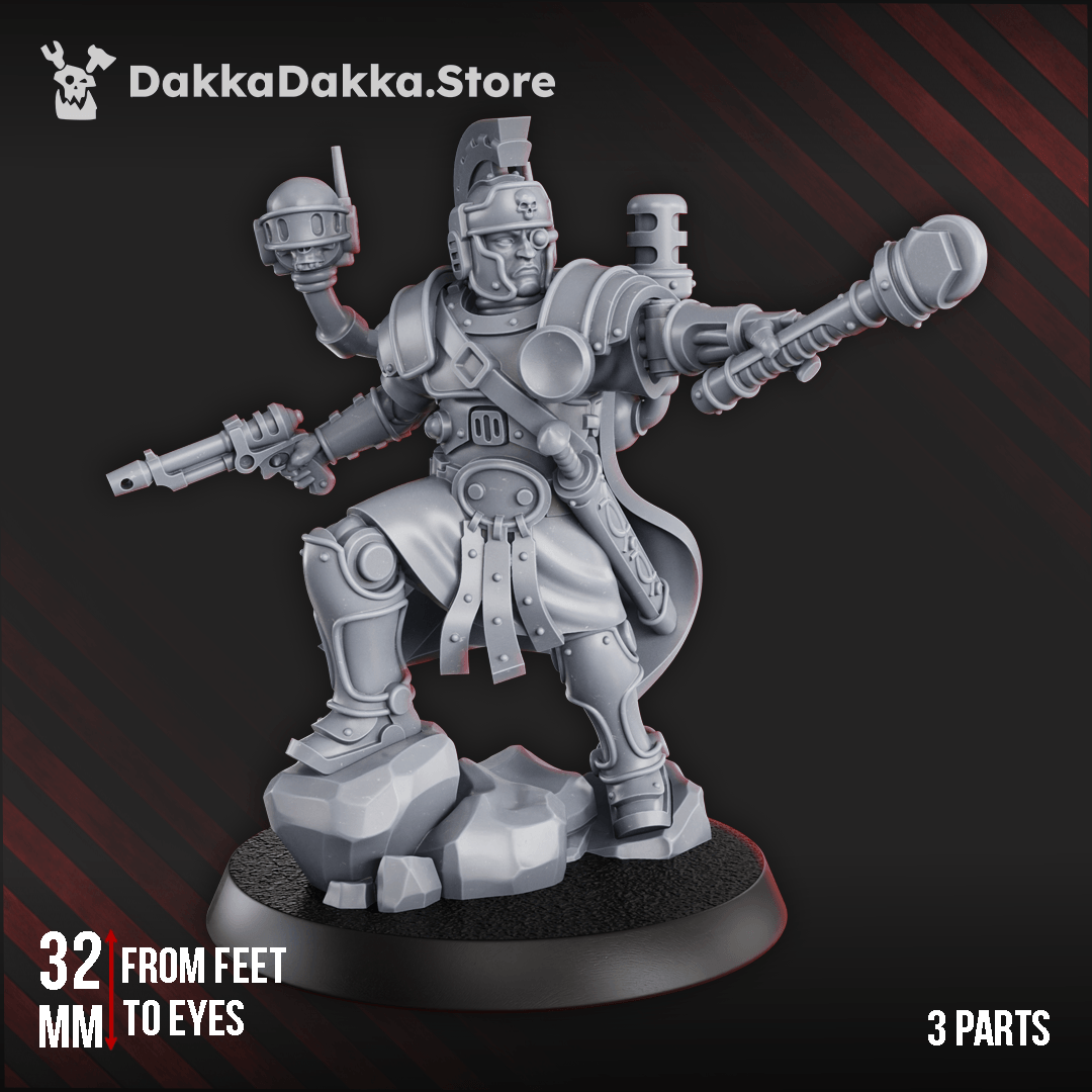 Pluto’s Centurio sci-fi machine cult commander with crested helmet and staff