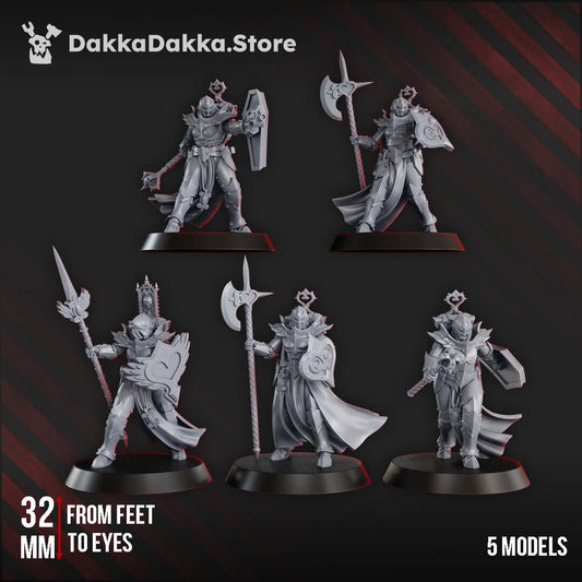 Maidens of Praesidium sci-fi miniatures, 32mm scale painted grey, five models with weapons and armor.