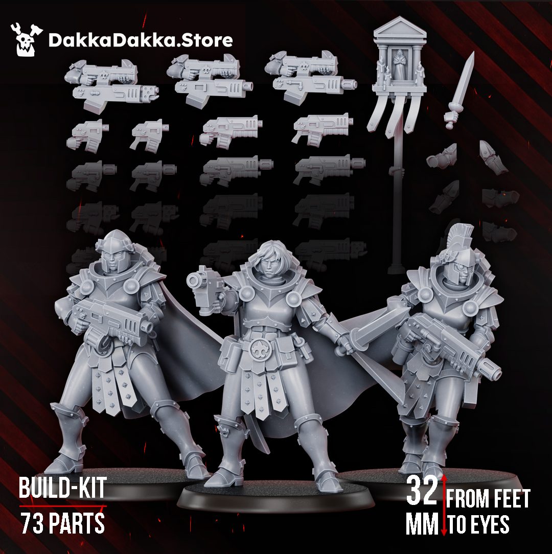 Legio Artemis Bellatrix Squad build kit showing three assembled resin miniatures with weapons sprue and accessories, 32mm scale