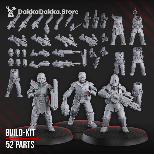 Maverick Cultists Build Kit featuring 6 sci-fi miniatures and 52 parts for wargaming, printed in grey ABS-like resin.