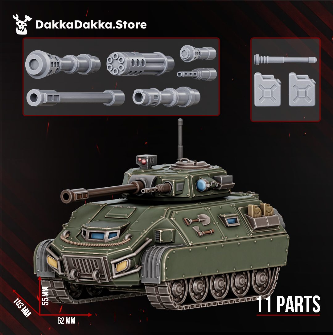 Saber WAV S-6 painted resin miniature shown with weapon barrel options and accessory parts, front three-quarter view