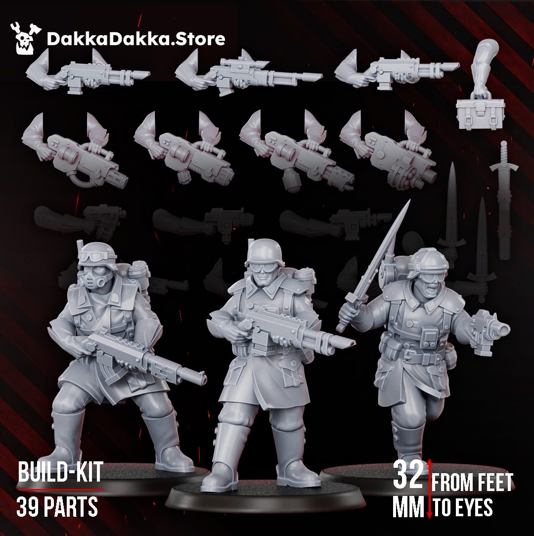 Doomsday Infantry Squad build kit showing three assembled 32mm resin troopers with rifles and a sword