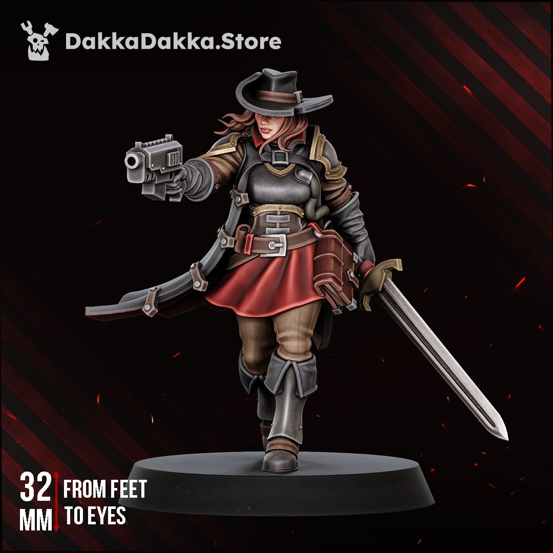 Agentess Kathryn de Cisneros 32mm resin miniature, painted front view, sword and bolt pistol raised, striding forward