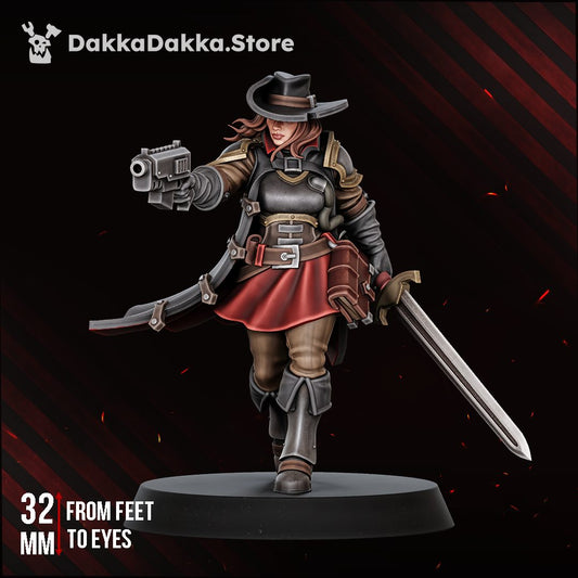 Agentess Kathryn de Cisneros 32mm resin miniature, painted front view, sword and bolt pistol raised, striding forward