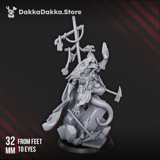 Rat Clan - Shift Supervisor Three-Armed figure, 32mm, hooded overseer on rocky base, holding stone as prize.