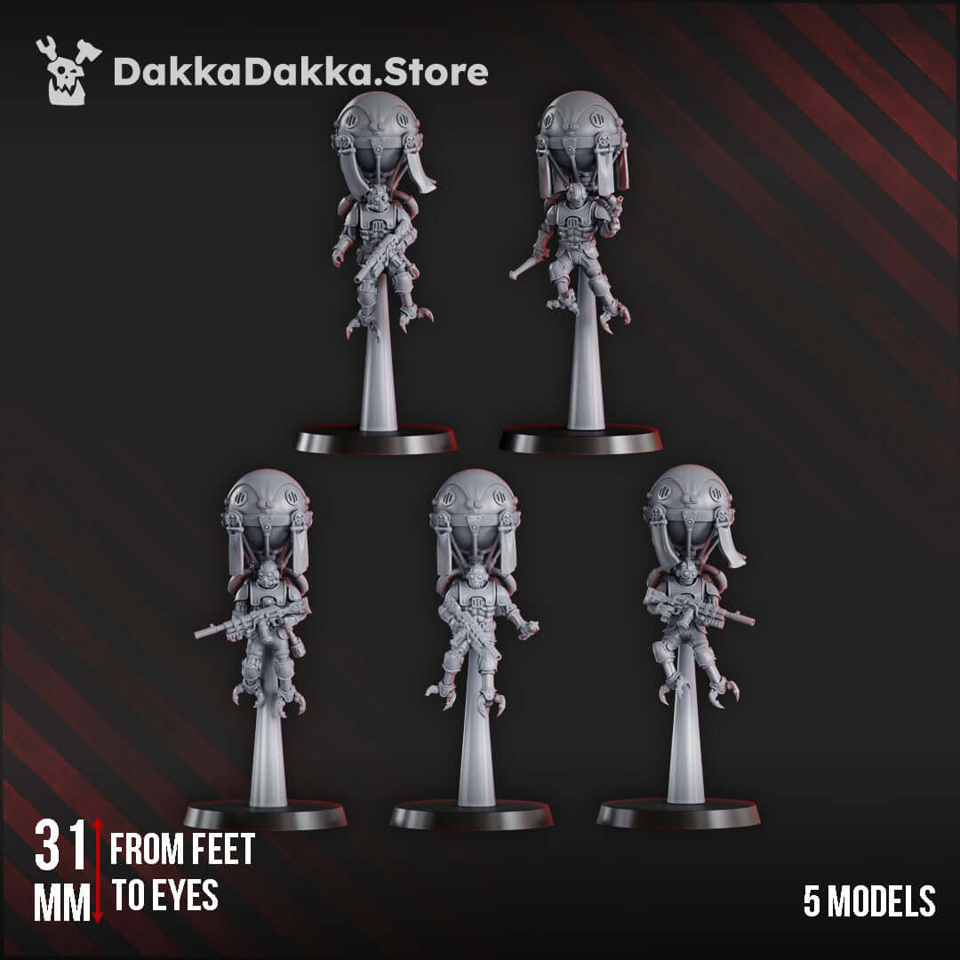Sci-Fi Machine Cult Miniatures: Aerobellum Pursuers Squad featuring five mech-worhipping resin models.