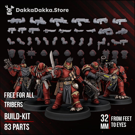 The Great Vortex Knights Build Kit painted squad of five red armoured warriors with weapons and robes, 32mm scale