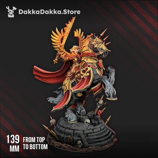 Seraphiel Saint Ordine Vendetta miniature by DakkaDakka, mounted warrior with holy fire and ornate battle regalia.